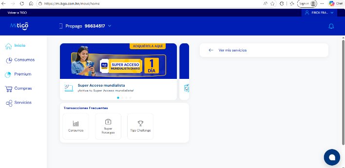 Pantalla de Servicios en Mi Tigo