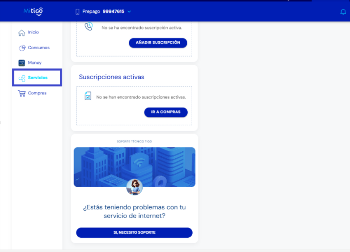 Pantalla de Servicios en Mi Tigo